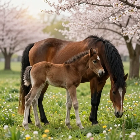 Кобыла с жеребёнком весной